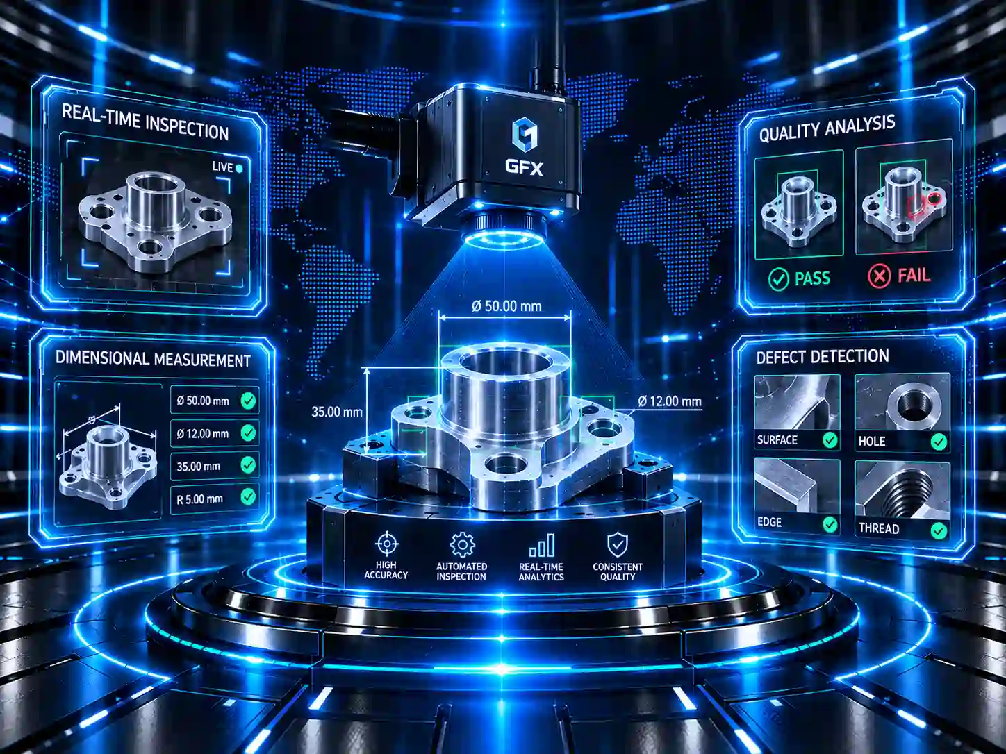 Computer vision system for visual inspection, dimensional measurement and defect detection