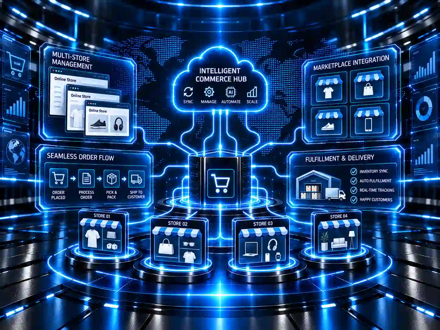 Connected e-commerce technology for products, orders, customers and fulfilment
