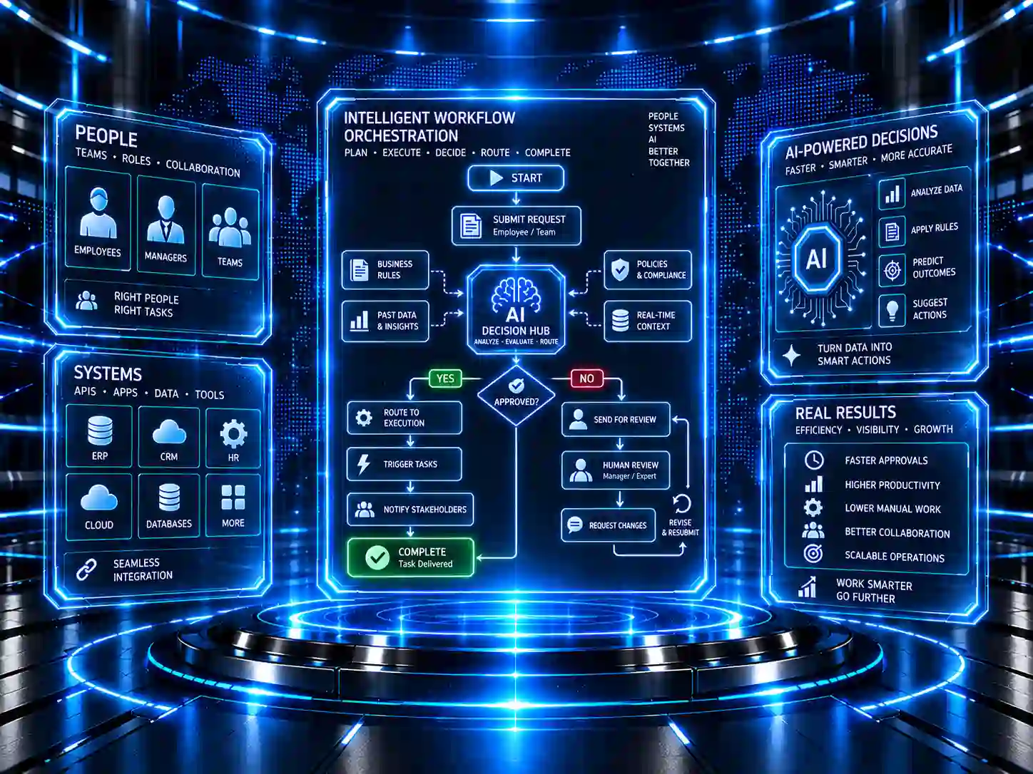 Intelligent workflow connecting people, systems, decisions and AI